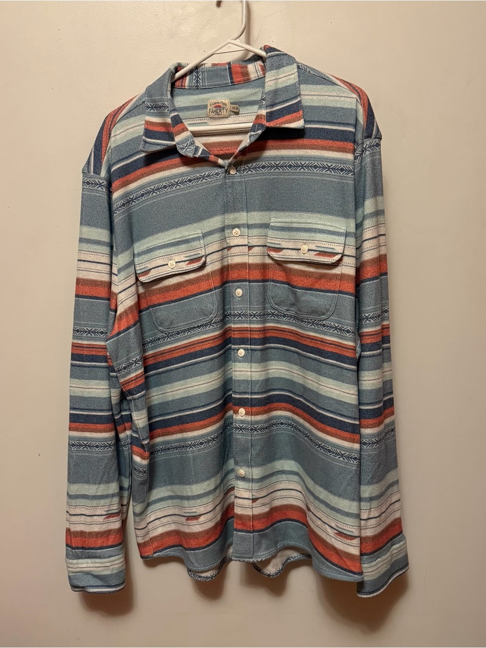 Faherty Legend Sweater Shirt Blue, Rust, Cream Stripe Button-Down Shirt Mens XXL